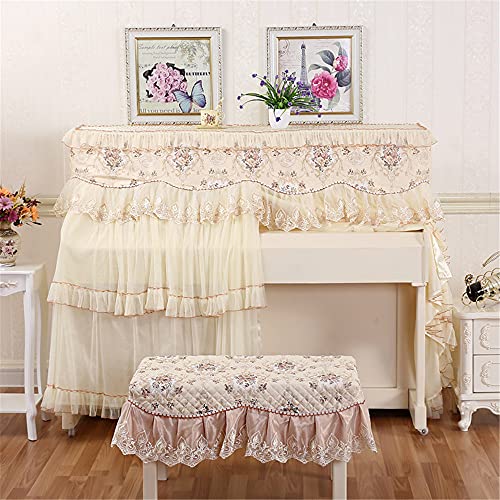 ピアノカバー レース 防塵カバー 椅子カバー 保護カバー ヨーロッパ風 花 刺繍 レース飾り おしゃれ かわいい 耐久性 (1人掛け椅子カバー(58*38cm)+ピアノカバー(154-155cm), イエロー)