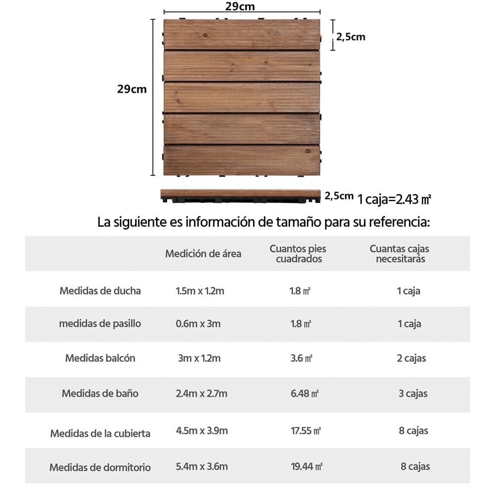 Yaheetech Set de 27 Baldosas de Abeto 30x30 cm para 2,6 m² 5 láminas de Suelo de Madera Piso Antideslizantes Terraza Piscina Jardín Patio Balcón Baño Marrón — view 5