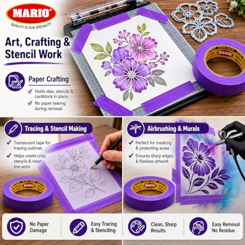 Image of Mario Purple Masking Tape - 20 Meter Length, 12mm Width - Strong Adhesive Tape for DIY, Painting & Repair Work - Residue Free - Pack of 2 Rolls