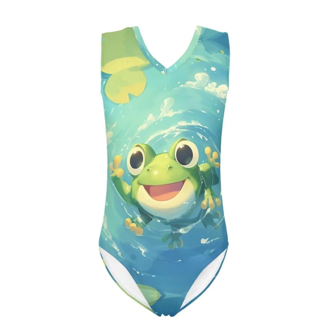 GOSTONG Girls Swimsuit One Piece Bathing Suit with Green Frog Pattern Quick Dry Swimwear Beachwear Bikini Bottom UPF 50+ for Kids