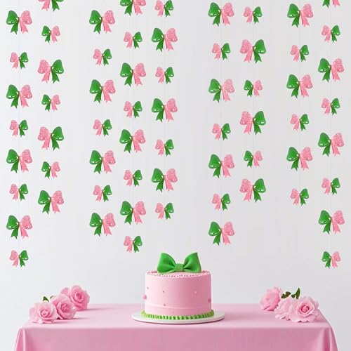 Image of 6PCS Pink and Green Party Decorations 3D Green Pink Conquette Bow Garland Witch Party Decorations Double Layer Bow Banner Streamers for Girls Witch Kids Wizard Birthday Baby Shower Decor Supplies