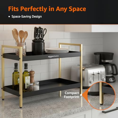Image of Amazon Basics Modern 2-Tier Metal Organizer Rack for Kitchen, Bathroom, Living Room & Vanity | Black & Gold | Space-Saving Countertop Storage Shelf (20D x 40W x 30H cm)