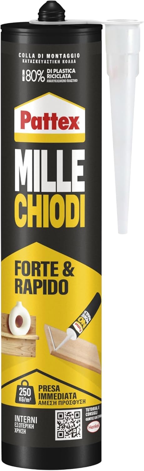 Pattex Millechiodi Forte & Rapido, Adesivo di montaggio extra forte che sostituisce viti e fori al muro, Adesivo bianco con effetto ventosa in formato cartuccia, 1x400g
