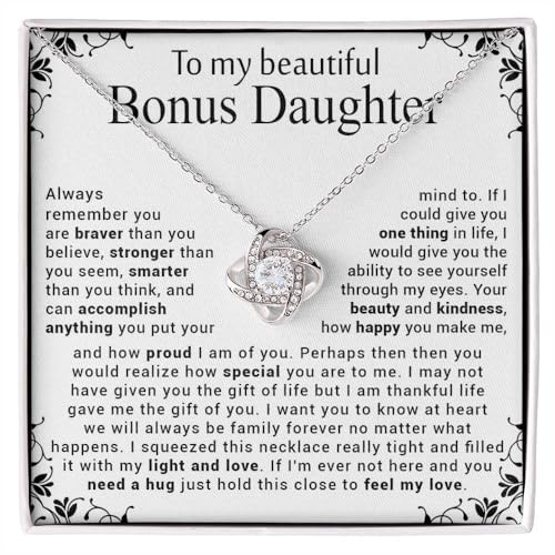 To My Bonus Daughter Necklace, Stepdaughter Necklace From Stepfather Stepmother, Bonus Daughter Birthday Gift From Stepdad Stepmom, Stepdaughter Gift With Message Card And Box