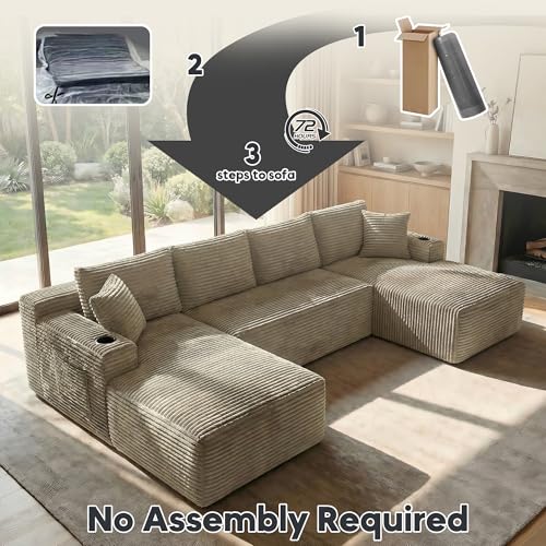 Image of 125 Inch Modular Sectional Sofa, Cloud Couch Oversized U Shaped Corduroy Sofa with Storage & Cupholders, Modern Deep Seat Boneless Couches for Living Room, No Assembly Required, Camel