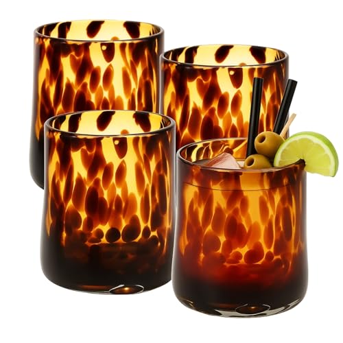 Honeydak Set of 4 Tortoise Leopard Print Brown 10 oz Rocks Glasse...