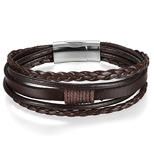 JewelryWe Schmuck Herren Damen Armband, Multi-Layered Wickelarmband geflochten Leder Armbänder Armreif mit Magnetverschluss, Geschenke für Männer Braun Silber