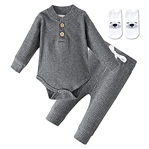 Image of keaiyouhuo Newborn Baby Boy Girl Clothes Ribbed Knitted Cotton Long Sleeve Romper Long Pants Solid Color Fall Winter Outfits
