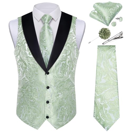 Image of DiBanGu Mens Paisley Suit Vest Silk Jacquard Waistcoat and Necktie Set Formal Shawl Collar Dress Vest 7PCS for Wedding Party