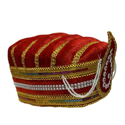 Image of Kaku Fancy Dresses Akbar Mughal King Pagdi Turban Safa Traditional Royal Headgear for Kids | Fancy Dress Costume Accessory for Historical Plays & Cultural Events - Red