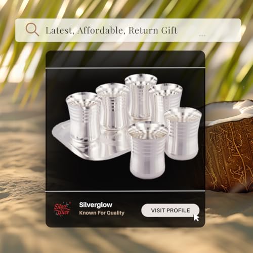 Image of Silverglow Damroo Tray Glass Set | Silver Plated Glass Set of 6 with Tray | Juice, Water, Beverages Serving Set | Tableware Set | Perfect Diwali, Office, Wedding Return Gift Item