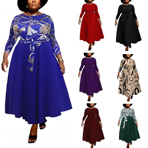 Image of Hostoyo Women Plus Size Formal A Line Maxi Dress Self Tie Waist with Pockets Elegant Round Neck Swing Long Dresses