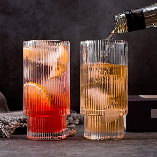 Claplante Drinking Glasses, Origami Style 8 Pcs Glass Cups With Straw, 4 Highball Glasses & 4 Rocks Glasses, Elegant Ripple Vintage Glassware, Iced Coffee Glasses, Ideal For Cocktail, Whiskey, Juice #TOP6