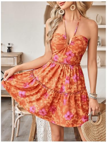 Image of Floerns Women's Floral Sleeveless Halter Dress Milkmaid Flare Hem Boho Mini Dress