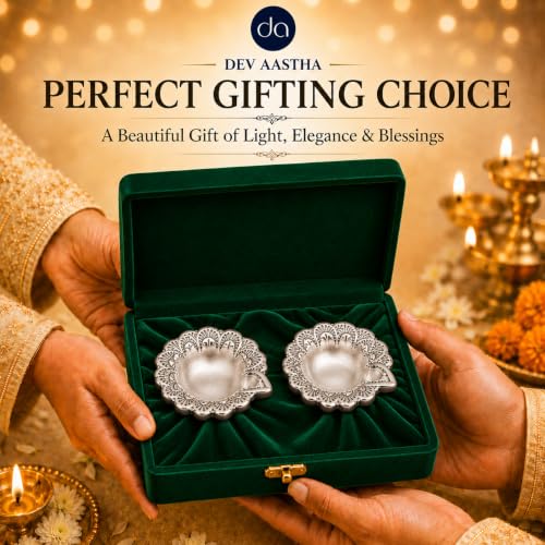 Image of 999 Silver Plated Flower Diya for Pooja - Set of 2 l Handcrafted Deepak for Home Mandir & Office, Diwali Decoration & Festive Gifting