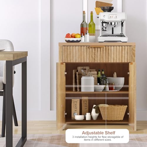 Image of Panana 2 Doors 1 Drawer Sideboard, Ribbed Style Storage Cabinet with Adjustable Shelves for Kitchen Living Room, Kitchen, Entryway (Oak)