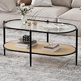 Glass Coffee Table, Oval Boho Farmhouse Natural Rattan Center Table with Tempered Water-Wave Glass Top, Metal Frame Living Room Tea Table with Storage Shelf for Office, Apartment, Bedroom, Black