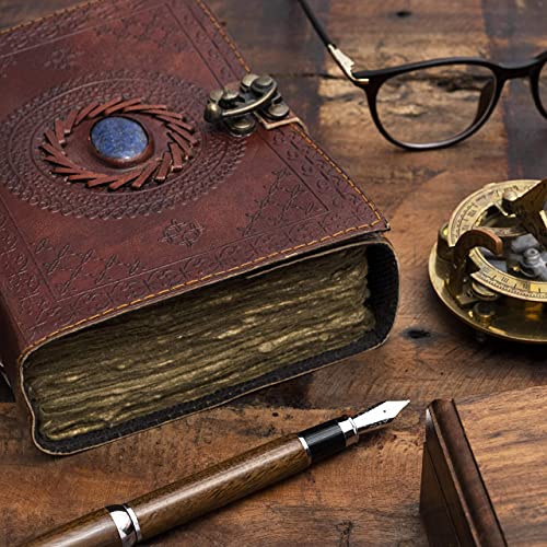 Vintage Leather Journal With Semi Precious Stone - Lock Closure, 240 Pages Antique Deckle Edge Paper - Book Of Shadows, Grimoire Journal, Witch Journal For Men And Women - 7" X 5" #TOP6