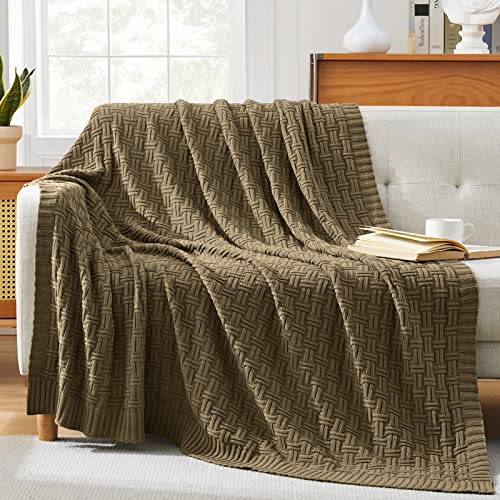 Image of TREELY 100% Cotton Knitted Throw Blanket, 50 x 60 Inches, Khaki