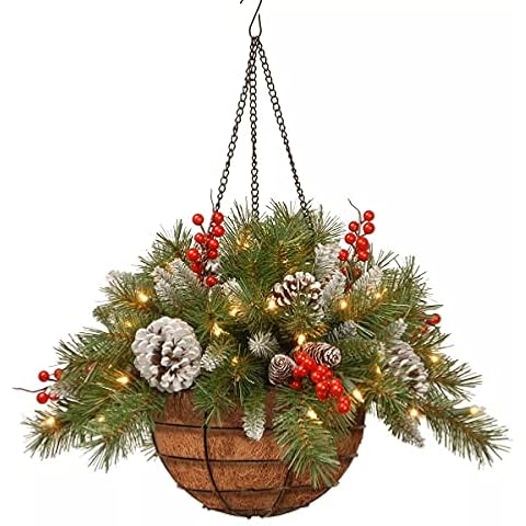 LDKJ Artificial Christmas Hanging Basket, Frosted Berry Christmas Hanging Baskets with Lights,Pre-lit Garland for Indoor Outdoor Garden Home Party Christmas Cover