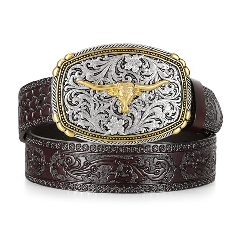 Western Leather Belt for Women Men Jeans Tooled Cowboy Cowgirl Belt with Silver Longhorn Buckle for Rodeo Casual Wear
