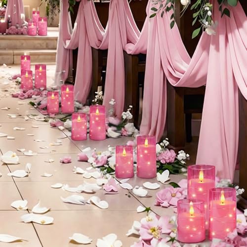 Image of Homemory Flickering Flameless Candles, Pink LED Pillar Candles with Remote | Acrylic Battery Operated Timer Candles with Embedded Star String Lights for Dating, Christmas & Indoor Holiday Home Decor