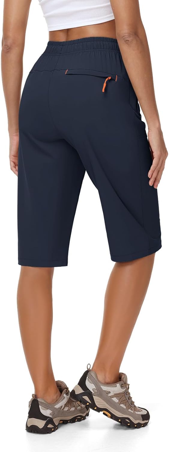 Gopune Women's 15" Hiking Shorts Long Bermuda Below The Knee Capris Lightweight Quick Dry with Zipper Pockets,Navy XL