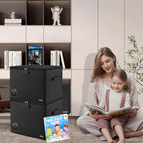 Image of Comic Book Storage - Fireproof & Water-Resistant Stackable Box with Zipper Mesh Pocket and Label Window for 300-350 Comics