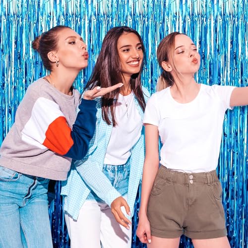 Image of 6 Pack Lake Blue Foil Fringe Curtain Backdrop, 3.28Ft x 8.2Ft Metallic Tinsel Foil Fringe Streamer Curtains for Photo Booth, Christmas Day, Thanksgiving, Wedding, New Year Party Decorations