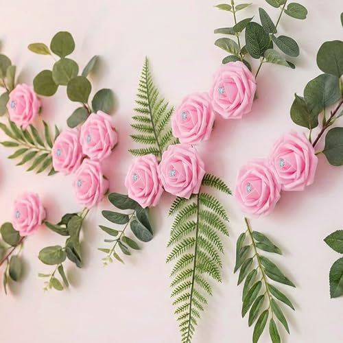 Image of 100Pcs Real Looking Pink with Diamonds Artificial Rose Flower Heads, Foam Fake Roses for DIY Wedding Decorations Baby Shower Centerpieces Home Party Valentine's Day Mother's Day Decor