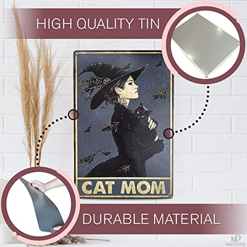 Mallony Cat Decor For Cat Lovers Metal Sign - Witch Cat Mom Metal Wall Art Tin Sign Indoor Halloween Decor Outdoor Black Cat Decor Coffee Bar Retro Home Decor - 8X12 Inch Kitchen Wall Decor Plate #TOP2