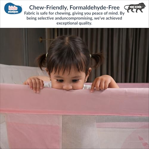 Image of Kids Station Baby Bed Rail Guard for Toddlers Safety - Easy to Fold - Portable and Adjustable Height - Baby Safety Essential - 6.6ftx6ft or 200x180cm (2 Sides, Pink, with Pocket)