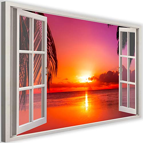 Feeby Impresión en Material Tejido no Tejido Puesta De Sol En El Trópico 60x40 cm Calidad fotografica Decoración De Pared Ventana Abierta Ilusión 3D Naranja Cover
