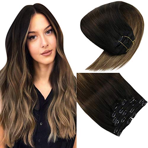 VeSunny Clip in Hair Extensions Human Hair Ombre Natural Black to Dark Brown with Caramel Blonde Remy Clip in Human Hair Extensions Ombre Double Weft 14inch 100g 7pcs