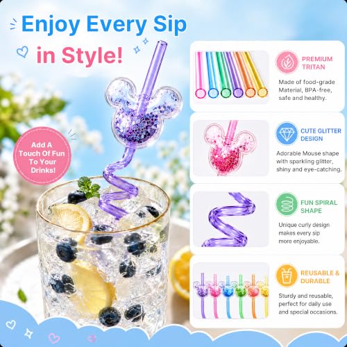 24 PCS Glitter Mouse Ear Straws, Reusable Spiral Crazy Straws by Snowfall - Used condition - Image 8