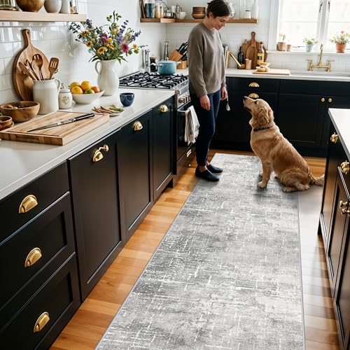 Washable 2x10 Kitchen Runner Rug: Abstract Farmhouse Bathroom Entryway Rug Soft Stain-Resistant Hallway Floor Mat Non-Slip Indoor Non-Shedding Carpet for Nursery Living Room Bedroom (2x10,Light/Grey) by HY HAO YUN LAI - Used condition - US$44.99
