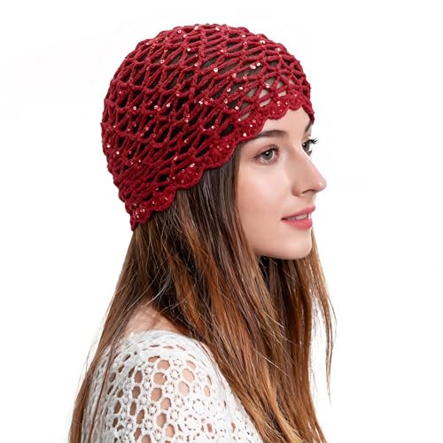 ZLYC Women Crochet Beanie Handmade Knit Flower Shiny Summer Vintage Skull Hat Solid Red