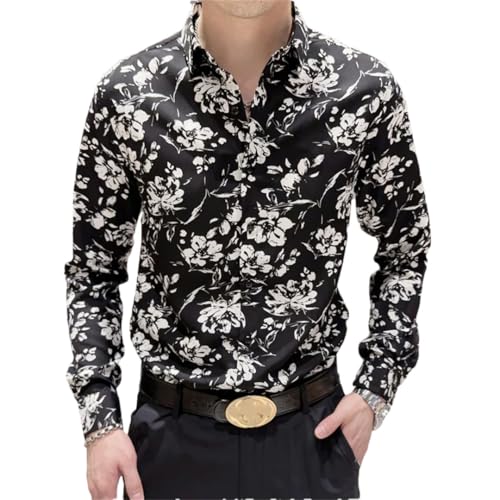 Camisas de vestir formales de manga larga para hombre, ajustadas, informales, para negocios, camisas sociales con flores, Negro, L