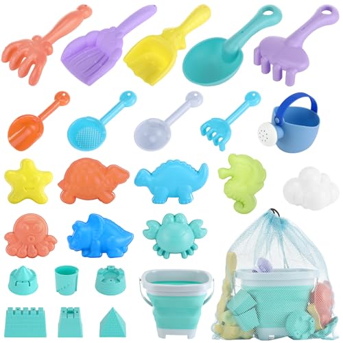 ：Juguetes Playa Niños, 27 Piezas Juguetes Playa Niños con Plegable Cubo, Juguetes Arena Juegos, Bolsa Juguetes Playa, Juguetes de Exterior con Bolsa de Malla para niños Regalo para Niño Niña 2-6 año