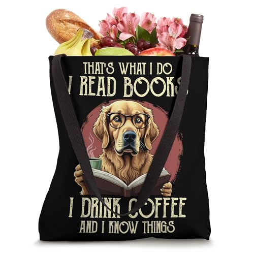 Bolso tipo tote con diseño de golden retriever, libros y café: 'I read books and I know things' miniatura 4