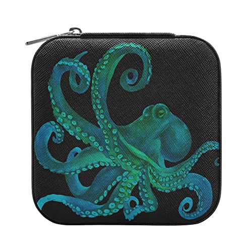Quteprint Joyero organizador de viaje, diseño de pulpo marino, acuarela, pequeño, portátil, para anillos, aretes, collares, pulseras, piel sintética, mini cajas de almacenamiento para joyas para