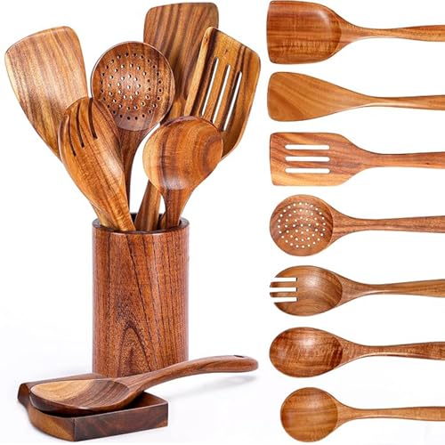 Kochlöffel Set Holz, 9 Stück Holz Kochbesteck Set mit Halter, Pfannenwender Kochlöffel Schöpfkelle Nudelheber Servierlöffel Sieb, Holzkochlöffel 100% aus Natürlichem Teakholz - Küchenhelfer Set