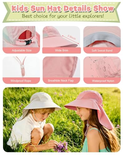Image of Rosoz Kids Sun Hat with Neck Flap UV Protection Summer Toddler Beach Hat Unisex Ponytail Hat Wide Brim Fishing Hat