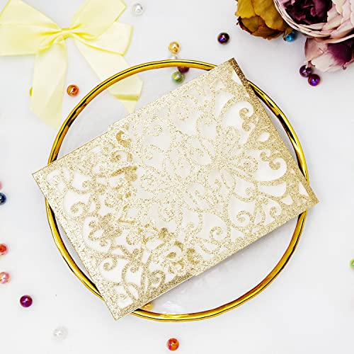 Builcker 20Pcs Set Laser Cutting Gold Glitter Invitation Card Greeting Card Graduation Party Wedding Birthday Party Hollow Invitations Flip Invitation Pocket With Envelope (Gold Glitter) #TOP5