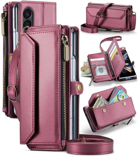 Asuwish Phone Case for Samsung Galaxy Z Fold 4 5G 2022 Zipper Wallet Cover with S Pen and Leather Flip RFID Blocking Card Holder Stand Cell Accessories ZFold4 Z4 Fold4 4Z ZFold45G Women Girls Wine Red