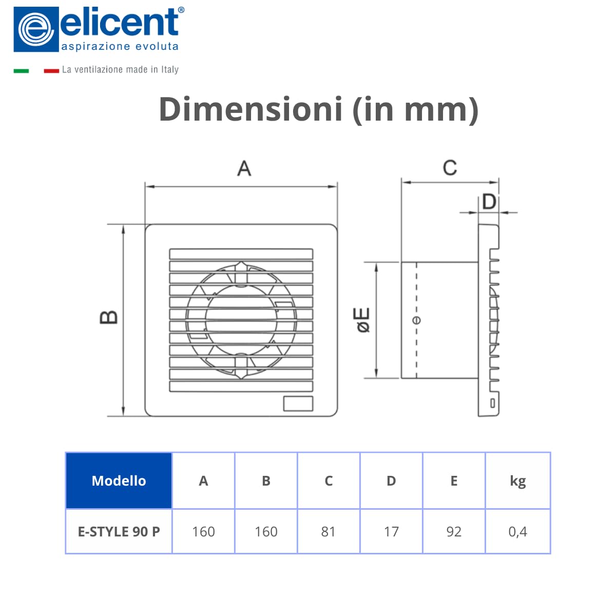 elicent | Estyle 90 Performance, ø90 mm, Aspiratore Elicoidale con Design Ultrasottile per Espulsione Diretta, Made in Italy