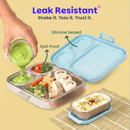 Image of Basil Bento Box Quad Plus - 3+1 Compartment Stainless Steel Lunch Box (1020ml) with BPA-Free Lid | Leak-Proof Tiffin for Kids & Adults | Premium Lunch Box for School, Office & Picnic - Sakura Bloom