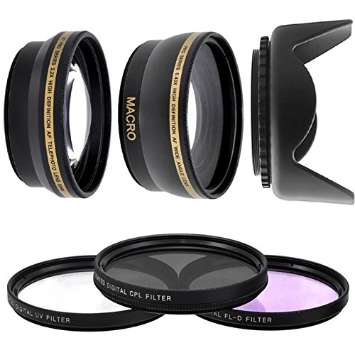 Kit Objectifs 52mm Super Telephoto Convertisseur 2,2x + Grand Angle 0,43x + Filtres UV CPL FLD + Pare Soleil pour DSLR D3200 D3100 D3300 D3000 D5000 D5200 D5300 D5100 Coolpix P7000 P7700 P7100 P7800 OBJECTIF LENS 18-55 55-200 CANON 50MM F/1.4 F/1.8