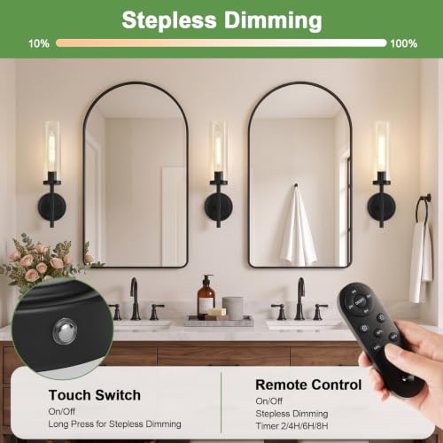 Image of Battery Operated Wall Sconce Set of 2, Matte Black Wireless Rechargeable Wall Lighting Fixtures with Remote Control, Dimmable Wall Light for Bathroom , Vanity, Living Room, Bedroom, Hallway, Stairway