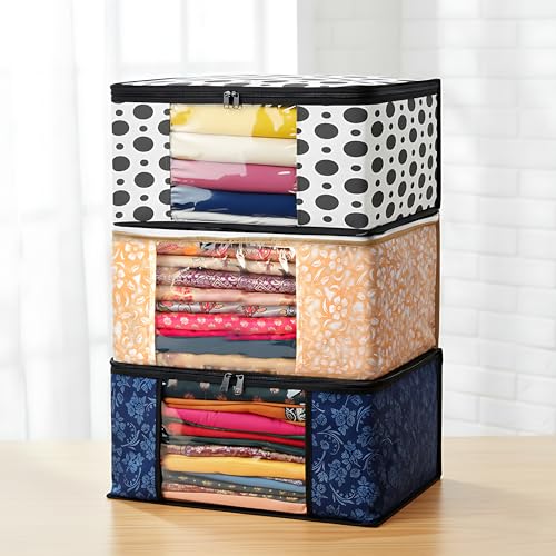Image of Non-Woven Wardrobe Organizer Bags (Set of 3, Multicolor) | Heavy-Duty Strong Zipper Clothes Storage Covers | Foldable Dust-Proof Closet & Bedroom Organizer for Sarees, Blankets & Seasonal Garments
